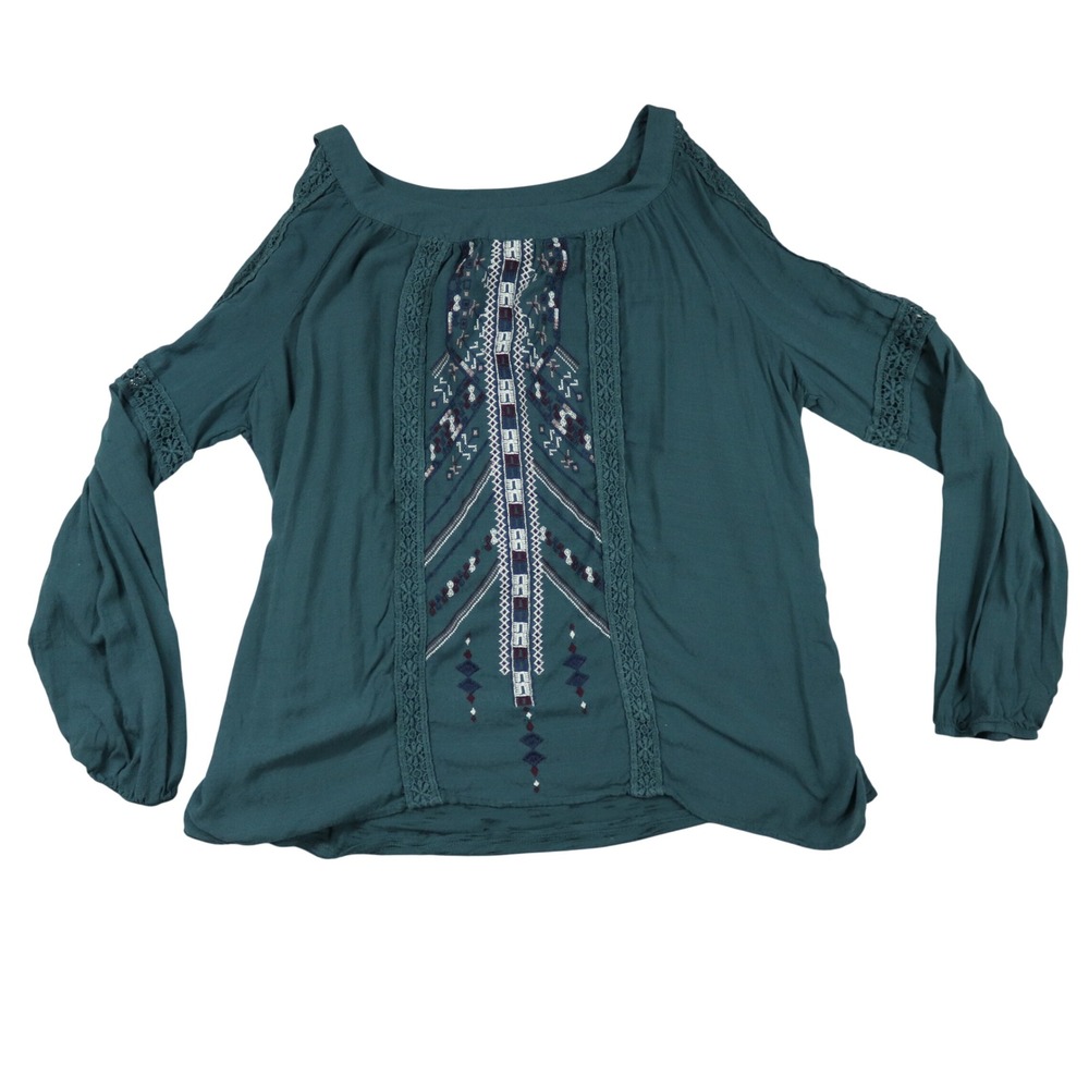 Knox Rose Teal Aztec Embroidered Cold Shoulder Flowy Boho Blouse Size L